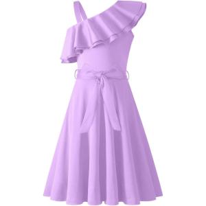 Arshiner Girls Dress One Shoulder Formal Ruffle Trim Birthday Party Dresses with Belted Pockets for 5-12 Years(Purple)