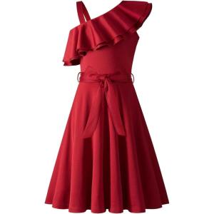 Arshiner Girls Dress One Shoulder Formal Ruffle Trim Birthday Party Dresses with Belted Pockets for 5-12 Years(Red)