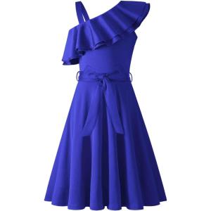 Arshiner Girls Dress One Shoulder Formal Ruffle Trim Birthday Party Dresses with Belted Pockets for 5-12 Years(Sky Blue)