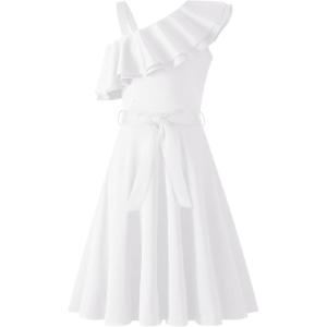 Arshiner Girls Dress One Shoulder Formal Ruffle Trim Birthday Party Dresses with Belted Pockets for 5-12 Years(White)