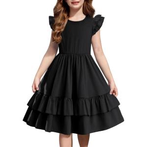 Arshiner Girls Dress Tween Boho Flutter Sleeve Tiered A Line Summer Dresses with Pockets(Black)