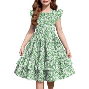 Arshiner Girls Dress Tween Boho Flutter Sleeve Tiered A Line Summer Dresses with Pockets(Green Flower)