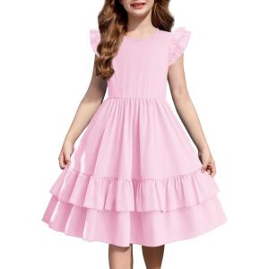 Arshiner Girls Dress Tween Boho Flutter Sleeve Tiered A Line Summer Dresses with Pockets(Pink)
