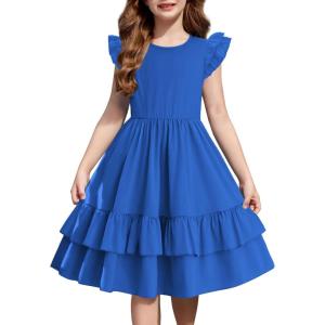 Arshiner Girls Dress Tween Boho Flutter Sleeve Tiered A Line Summer Dresses with Pockets(Sky Blue)