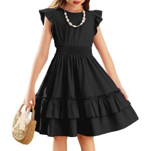 Arshiner Girls Dresses Flutter Sleeve A-Line Sundress Casual Summer Tiered Swing Midi Pocket Dress(Black)
