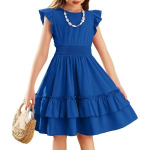 Arshiner Girls Dresses Flutter Sleeve A-Line Sundress Casual Summer Tiered Swing Midi Pocket Dress(Deep Blue)