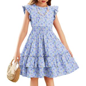 Arshiner Girls Dresses Flutter Sleeve A-Line Sundress Casual Summer Tiered Swing Midi Pocket Dress(Floral in Blue)