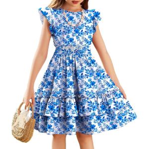 Arshiner Girls Dresses Flutter Sleeve A-Line Sundress Casual Summer Tiered Swing Midi Pocket Dress(Floral in White)