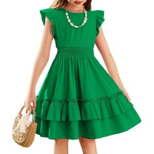 Arshiner Girls Dresses Flutter Sleeve A-Line Sundress Casual Summer Tiered Swing Midi Pocket Dress(Green)