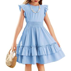 Arshiner Girls Dresses Flutter Sleeve A-Line Sundress Casual Summer Tiered Swing Midi Pocket Dress(Light Blue)