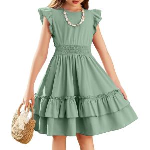Arshiner Girls Dresses Flutter Sleeve A-Line Sundress Casual Summer Tiered Swing Midi Pocket Dress(Light Green)