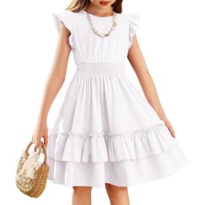 Arshiner Girls Dresses Flutter Sleeve A-Line Sundress Casual Summer Tiered Swing Midi Pocket Dress(White)