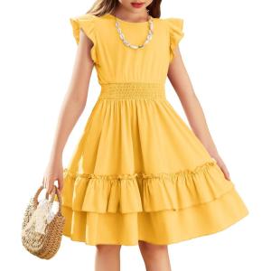 Arshiner Girls Dresses Flutter Sleeve A-Line Sundress Casual Summer Tiered Swing Midi Pocket Dress(Yellow)