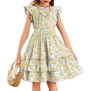 Arshiner Girls Dresses Flutter Sleeve A-Line Sundress Casual Summer Tiered Swing Midi Pocket Dress(Yellow Floral)