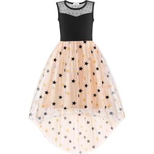 Arshiner Girls Dresses Formal Party Wedding Tulle Sleeveless Contrast Mesh High Low Dress with Belt(Black Star)