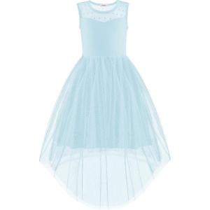 Arshiner Girls Dresses Formal Party Wedding Tulle Sleeveless Contrast Mesh High Low Dress with Belt(Blue Sparkle)