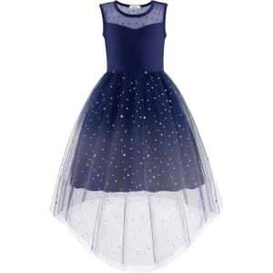 Arshiner Girls Dresses Formal Party Wedding Tulle Sleeveless Contrast Mesh High Low Dress with Belt(Gradient Blue)