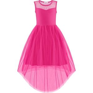 Arshiner Girls Dresses Formal Party Wedding Tulle Sleeveless Contrast Mesh High Low Dress with Belt(Hot Pink)