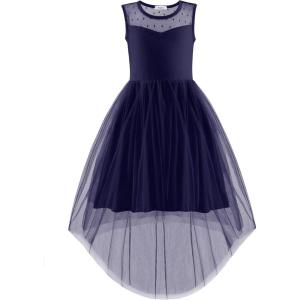 Arshiner Girls Dresses Formal Party Wedding Tulle Sleeveless Contrast Mesh High Low Dress with Belt(Navy)