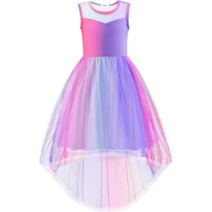 Arshiner Girls Dresses Formal Party Wedding Tulle Sleeveless Contrast Mesh High Low Dress with Belt(Rainbow Purple)
