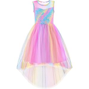 Arshiner Girls Dresses Formal Party Wedding Tulle Sleeveless Contrast Mesh High Low Dress with Belt(Rainbow Star)