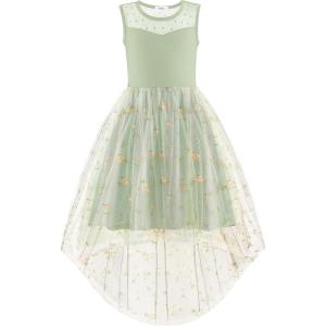 Arshiner Girls Dresses Formal Party Wedding Tulle Sleeveless Contrast Mesh High Low Dress with Belt(Sage Floral)