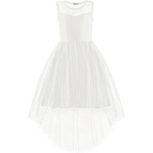 Arshiner Girls Dresses Formal Party Wedding Tulle Sleeveless Contrast Mesh High Low Dress with Belt(White)