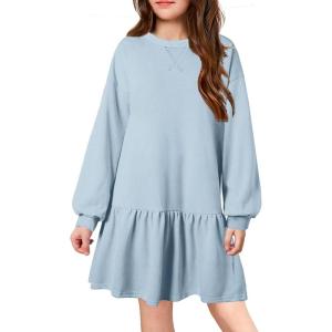 Arshiner Girls Dresses Long Sleeve Pullover Tops Drop Shoulder Sweatshirt Casual Dress with Pockets(Blue)