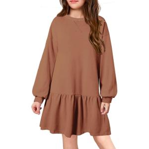 Arshiner Girls Dresses Long Sleeve Pullover Tops Drop Shoulder Sweatshirt Casual Dress with Pockets(Brown)