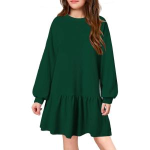 Arshiner Girls Dresses Long Sleeve Pullover Tops Drop Shoulder Sweatshirt Casual Dress with Pockets(Dark Green)