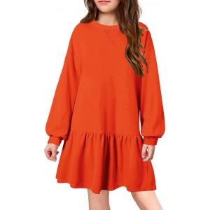 Arshiner Girls Dresses Long Sleeve Pullover Tops Drop Shoulder Sweatshirt Casual Dress with Pockets(Orange)
