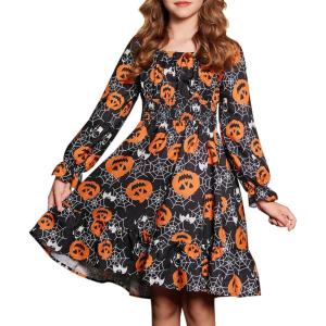 Arshiner Girls Dresses Long Sleeve Tie Back Fall Winter Off Shoulder Dress Kids Clothes(B-halloween)