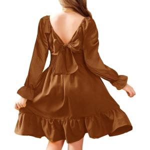 Arshiner Girls Dresses Long Sleeve Tie Back Fall Winter Off Shoulder Dress Kids Clothes(Brown)