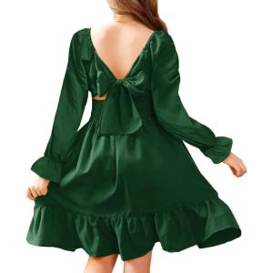 Arshiner Girls Dresses Long Sleeve Tie Back Fall Winter Off Shoulder Dress Kids Clothes(Dark Green)