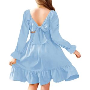 Arshiner Girls Dresses Long Sleeve Tie Back Fall Winter Off Shoulder Dress Kids Clothes(Ls-clear Blue)