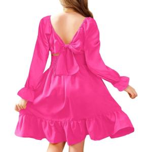 Arshiner Girls Dresses Long Sleeve Tie Back Fall Winter Off Shoulder Dress Kids Clothes(Ls-rose Red)