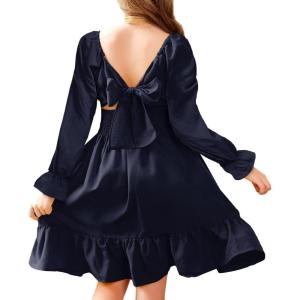 Arshiner Girls Dresses Long Sleeve Tie Back Fall Winter Off Shoulder Dress Kids Clothes(Navy Blue)