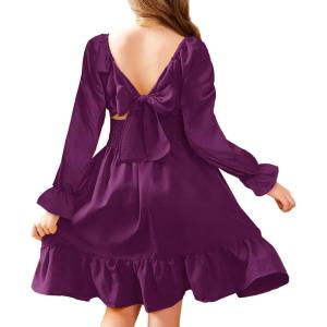 Arshiner Girls Dresses Long Sleeve Tie Back Fall Winter Off Shoulder Dress Kids Clothes(Purple)