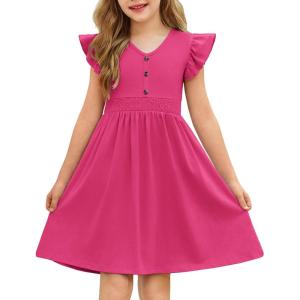 Arshiner Girls Dresses Ruffle Sleeve A-Line V-Neck Sundress Summer Swing Midi Dress with Pockets(Hot Pink)
