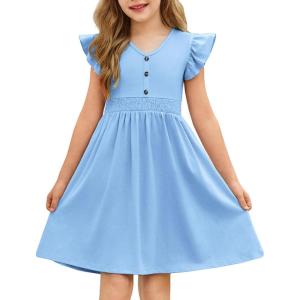 Arshiner Girls Dresses Ruffle Sleeve A-Line V-Neck Sundress Summer Swing Midi Dress with Pockets(Light Blue)