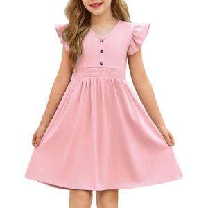Arshiner Girls Dresses Ruffle Sleeve A-Line V-Neck Sundress Summer Swing Midi Dress with Pockets(Pink)
