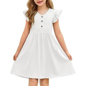 Arshiner Girls Dresses Ruffle Sleeve A-Line V-Neck Sundress Summer Swing Midi Dress with Pockets(White)