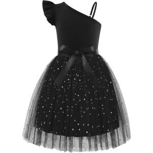 Arshiner Girls Dresses Summer One Shoulder Ruffle Sleeveless Formal Fancy Party Birthday Tulle Dress with Belted(Black)