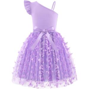Arshiner Girls Dresses Summer One Shoulder Ruffle Sleeveless Formal Fancy Party Birthday Tulle Dress with Belted(Butterfly Purple)