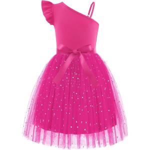 Arshiner Girls Dresses Summer One Shoulder Ruffle Sleeveless Formal Fancy Party Birthday Tulle Dress with Belted(Hot Pink)