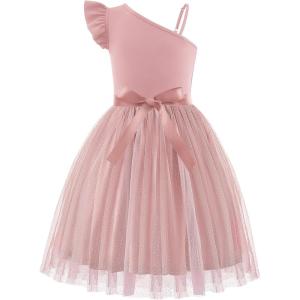 Arshiner Girls Dresses Summer One Shoulder Ruffle Sleeveless Formal Fancy Party Birthday Tulle Dress with Belted(Pink)