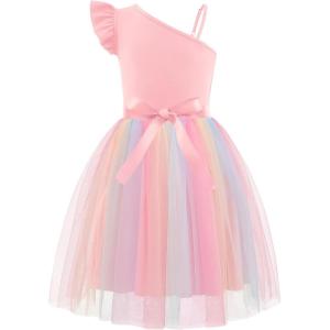 Arshiner Girls Dresses Summer One Shoulder Ruffle Sleeveless Formal Fancy Party Birthday Tulle Dress with Belted(Rainbow Pink)