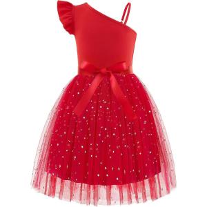 Arshiner Girls Dresses Summer One Shoulder Ruffle Sleeveless Formal Fancy Party Birthday Tulle Dress with Belted(Red)