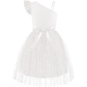 Arshiner Girls Dresses Summer One Shoulder Ruffle Sleeveless Formal Fancy Party Birthday Tulle Dress with Belted(White)