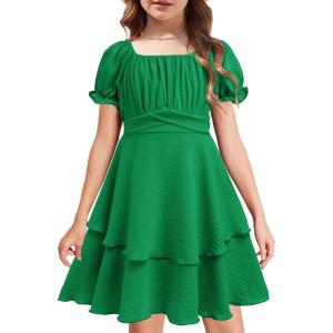 Arshiner Girls Dresses Summer Short Sleeve Off Shoulder Ruffle Tiered Layer Party Dress(Green)